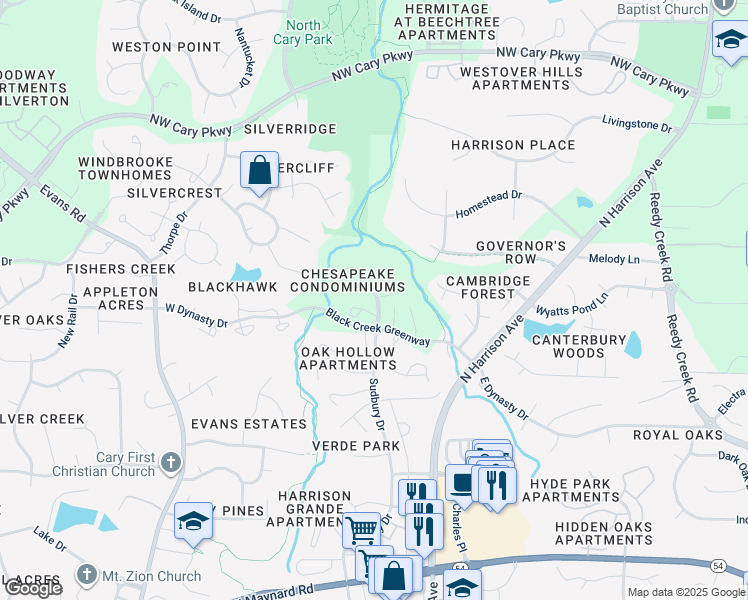map of restaurants, bars, coffee shops, grocery stores, and more near 407 Gooseneck Drive in Cary