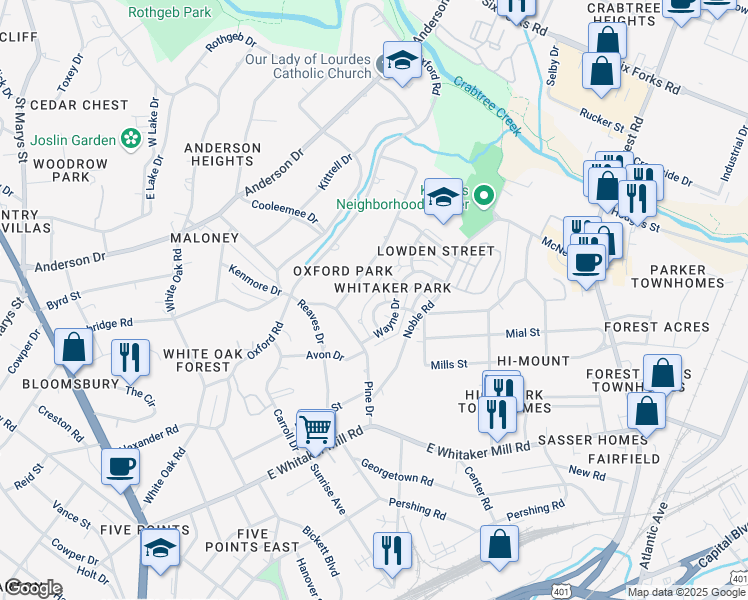 map of restaurants, bars, coffee shops, grocery stores, and more near 535 Guilford Circle in Raleigh