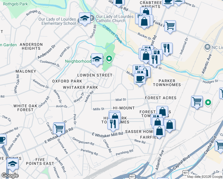 map of restaurants, bars, coffee shops, grocery stores, and more near 601 Fallon Grove Way in Raleigh