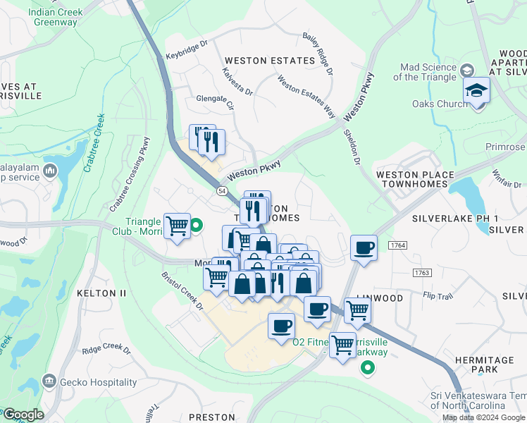 map of restaurants, bars, coffee shops, grocery stores, and more near 105 Kathleen Court in Morrisville
