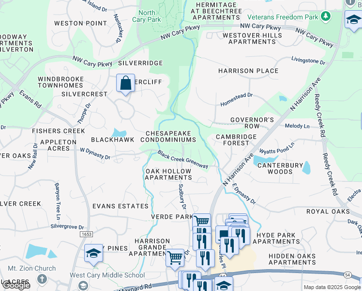 map of restaurants, bars, coffee shops, grocery stores, and more near 403 Gooseneck Drive in Cary
