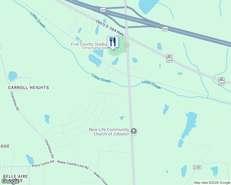 map of restaurants, bars, coffee shops, grocery stores, and more near 1325 Sidney Creek Drive in Zebulon