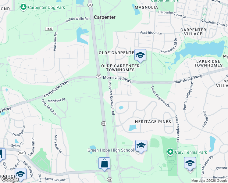map of restaurants, bars, coffee shops, grocery stores, and more near 607 Mount Blanc Way in Cary