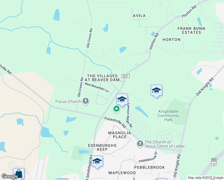 map of restaurants, bars, coffee shops, grocery stores, and more near 105 Hope Valley Road in Knightdale