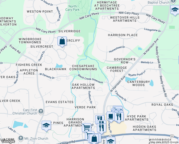 map of restaurants, bars, coffee shops, grocery stores, and more near 401 Gooseneck Drive in Cary