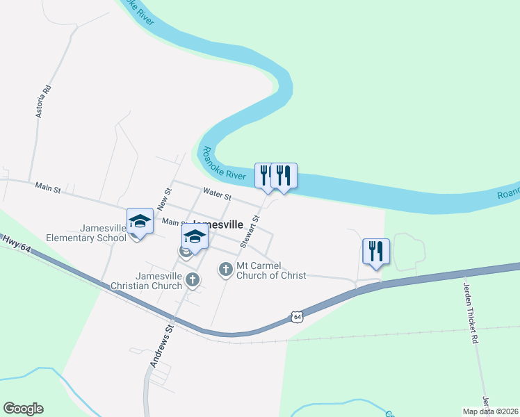 map of restaurants, bars, coffee shops, grocery stores, and more near 1520 Stewart St in Jamesville