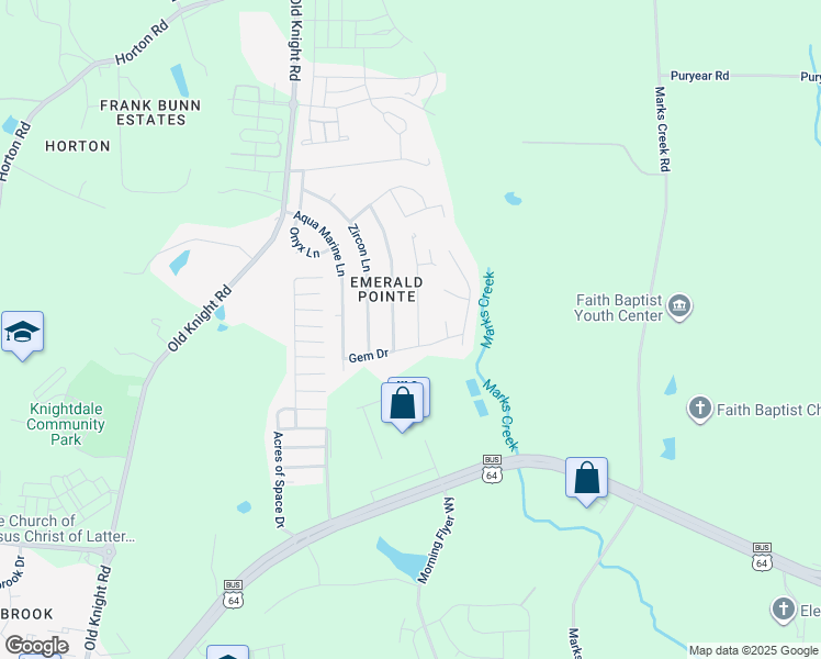 map of restaurants, bars, coffee shops, grocery stores, and more near 105 Rock Hound Road in Knightdale