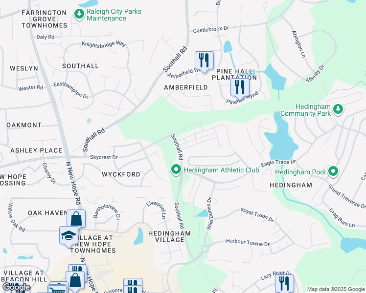 map of restaurants, bars, coffee shops, grocery stores, and more near 4737 Forest Highland Drive in Raleigh