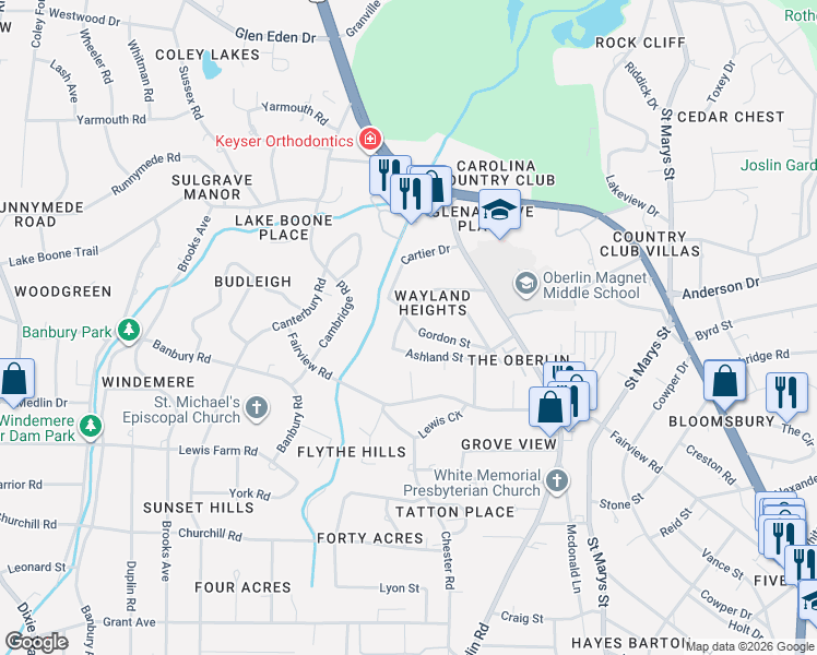 map of restaurants, bars, coffee shops, grocery stores, and more near 2717 Wayland Drive in Raleigh