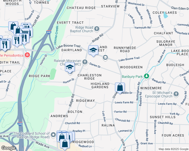 map of restaurants, bars, coffee shops, grocery stores, and more near 3301 Ridgecrest Court in Raleigh