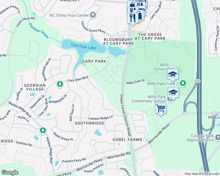 map of restaurants, bars, coffee shops, grocery stores, and more near 119 Ballyliffen Lane in Cary