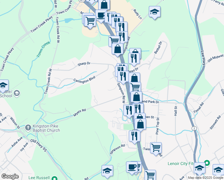 map of restaurants, bars, coffee shops, grocery stores, and more near 400 Pine Ridge Drive in Lenoir City