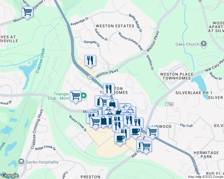 map of restaurants, bars, coffee shops, grocery stores, and more near Kathleen Court in Morrisville