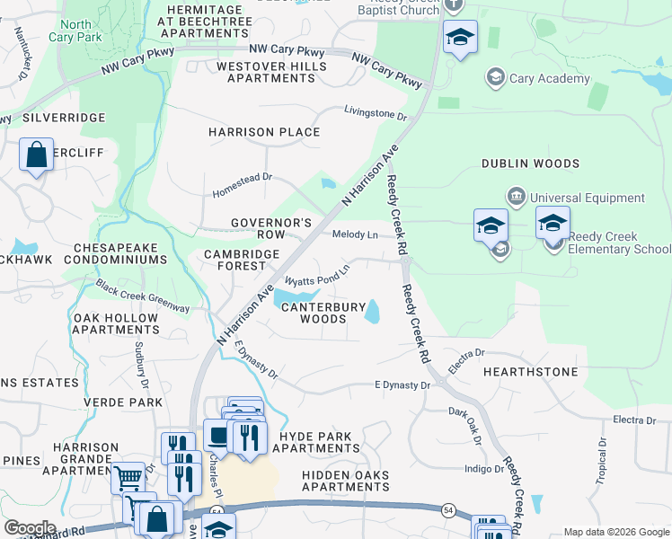 map of restaurants, bars, coffee shops, grocery stores, and more near 207 Wyatts Pond Lane in Cary