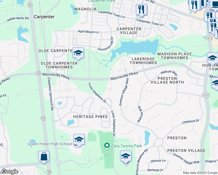 map of restaurants, bars, coffee shops, grocery stores, and more near 3216 Carpenter Creek Place in Cary