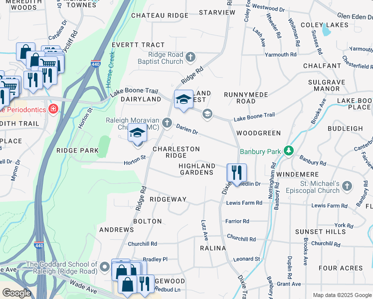 map of restaurants, bars, coffee shops, grocery stores, and more near 3301 Ridgecrest Court in Raleigh