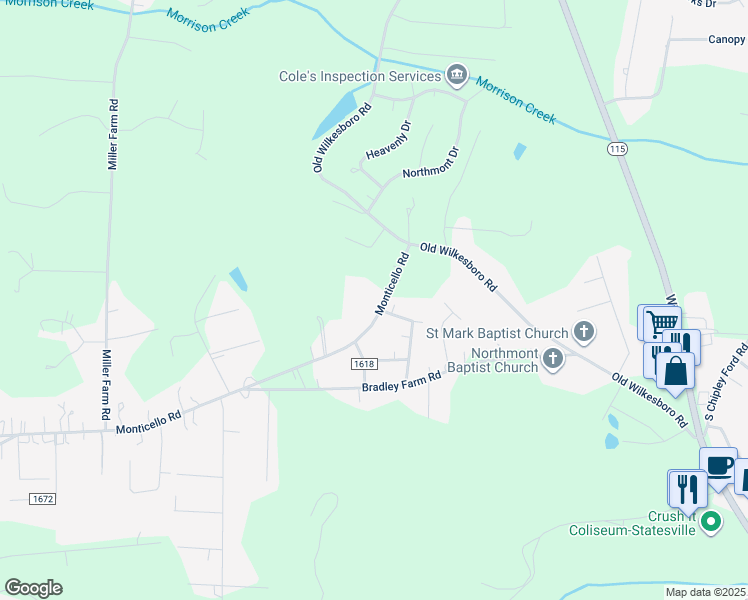 map of restaurants, bars, coffee shops, grocery stores, and more near 138 Monticello Road in Statesville