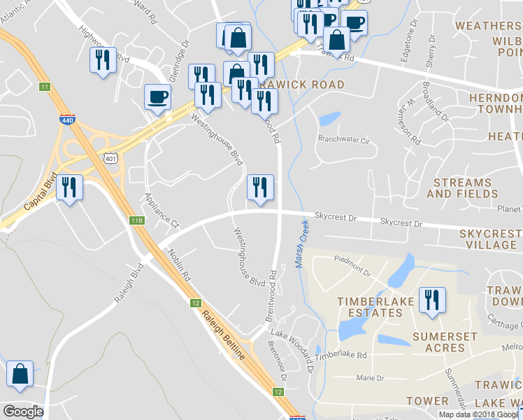 map of restaurants, bars, coffee shops, grocery stores, and more near 3513 Raleigh Boulevard in Raleigh