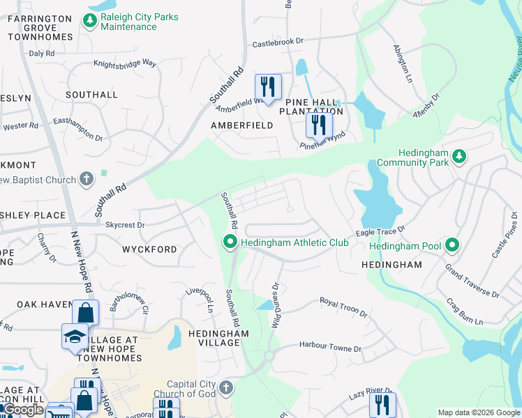 map of restaurants, bars, coffee shops, grocery stores, and more near 4737 Forest Highland Drive in Raleigh