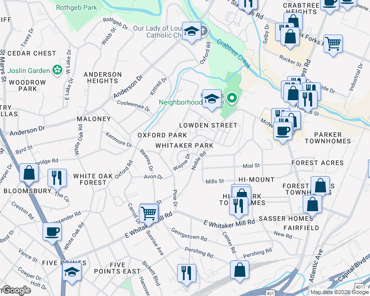 map of restaurants, bars, coffee shops, grocery stores, and more near 547 Guilford Circle in Raleigh