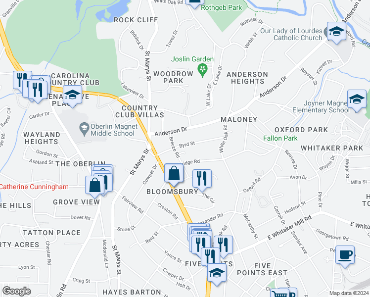 map of restaurants, bars, coffee shops, grocery stores, and more near 2308 Byrd Street in Raleigh