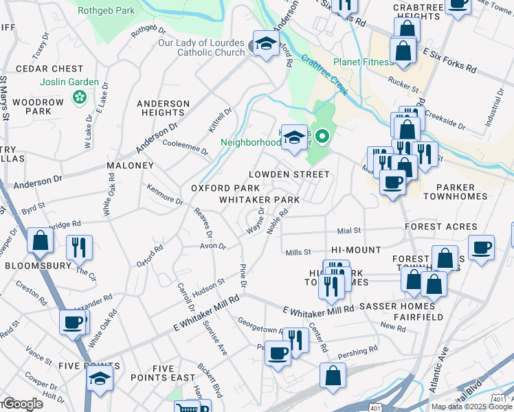 map of restaurants, bars, coffee shops, grocery stores, and more near 547 Guilford Circle in Raleigh