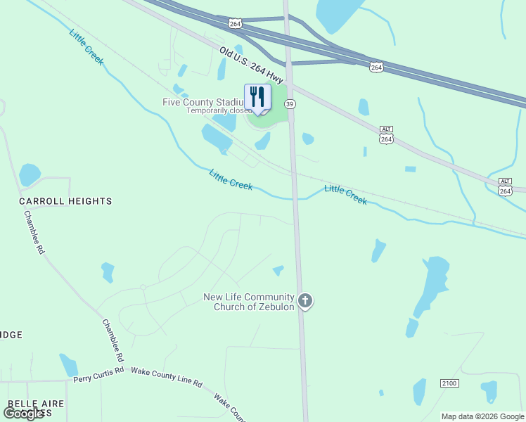 map of restaurants, bars, coffee shops, grocery stores, and more near 1325 Sidney Creek Drive in Zebulon