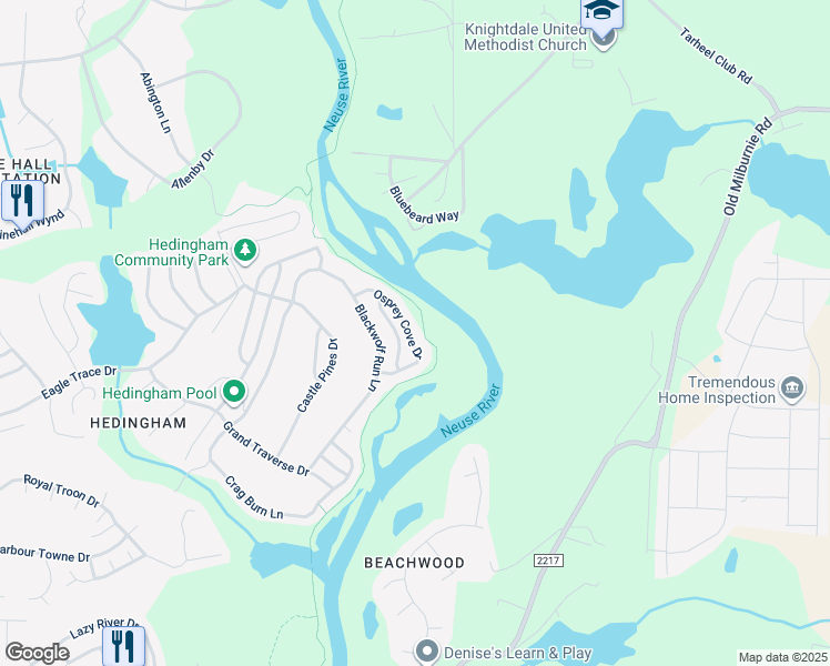 map of restaurants, bars, coffee shops, grocery stores, and more near 5838 Osprey Cove Drive in Raleigh