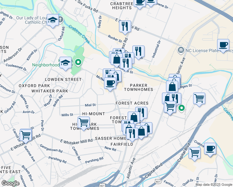 map of restaurants, bars, coffee shops, grocery stores, and more near 2224 Wake Forest Road in Raleigh
