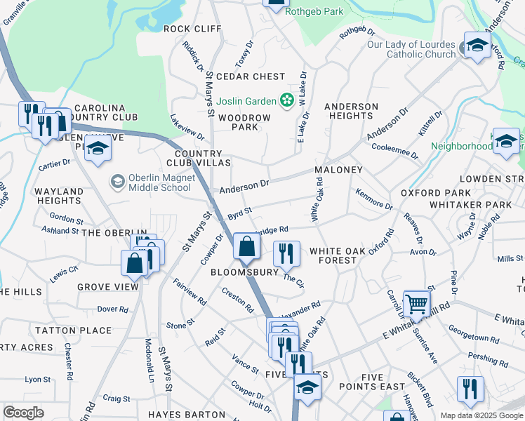 map of restaurants, bars, coffee shops, grocery stores, and more near 2308 Byrd Street in Raleigh