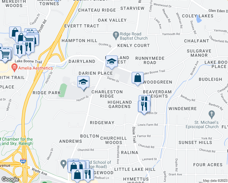 map of restaurants, bars, coffee shops, grocery stores, and more near 3301 Ridgecrest Court in Raleigh