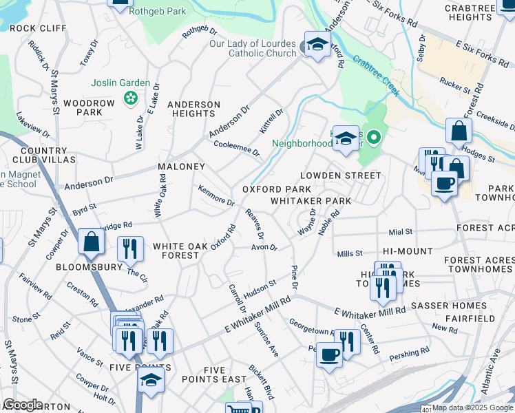 map of restaurants, bars, coffee shops, grocery stores, and more near 2138 Pine Drive in Raleigh