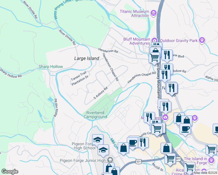 map of restaurants, bars, coffee shops, grocery stores, and more near 735 Hatcher Circle in Pigeon Forge