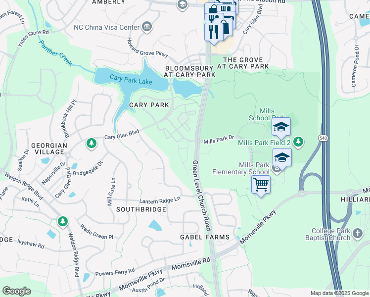 map of restaurants, bars, coffee shops, grocery stores, and more near Bent Tree Lane in Wake County