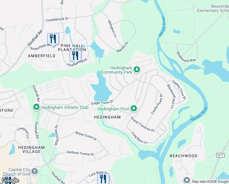 map of restaurants, bars, coffee shops, grocery stores, and more near 2000 Thornblade Drive in Raleigh