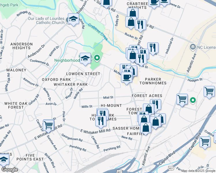 map of restaurants, bars, coffee shops, grocery stores, and more near 2232 Bernard Street in Raleigh