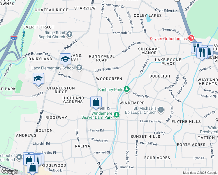 map of restaurants, bars, coffee shops, grocery stores, and more near 3005 Upland Circle in Raleigh
