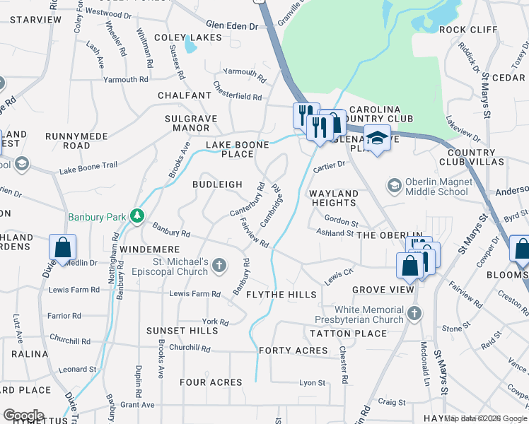 map of restaurants, bars, coffee shops, grocery stores, and more near 2717 Cambridge Road in Raleigh