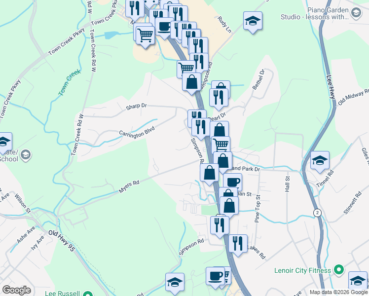 map of restaurants, bars, coffee shops, grocery stores, and more near 400 Pine Ridge Drive in Lenoir City