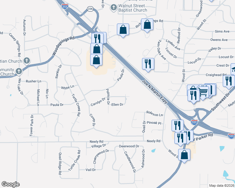 map of restaurants, bars, coffee shops, grocery stores, and more near 1800 Carolyn Drive in Jonesboro