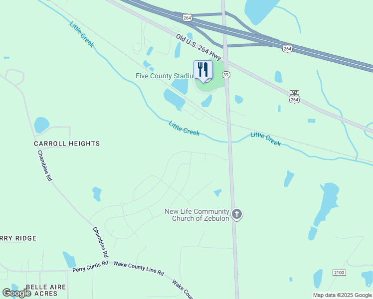 map of restaurants, bars, coffee shops, grocery stores, and more near 1277 Sidney Creek Drive in Zebulon