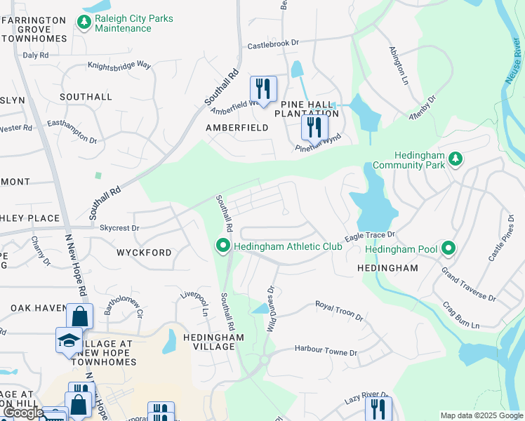 map of restaurants, bars, coffee shops, grocery stores, and more near 4953 Southern Magnolia Drive in Raleigh
