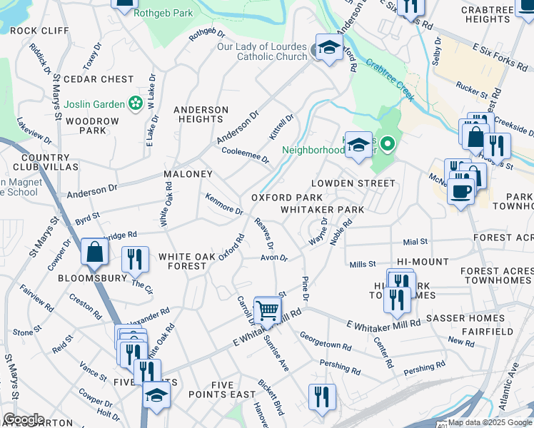 map of restaurants, bars, coffee shops, grocery stores, and more near 2138 Pine Drive in Raleigh