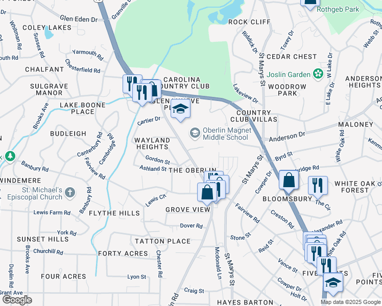 map of restaurants, bars, coffee shops, grocery stores, and more near 2662 Oberlin Road in Raleigh