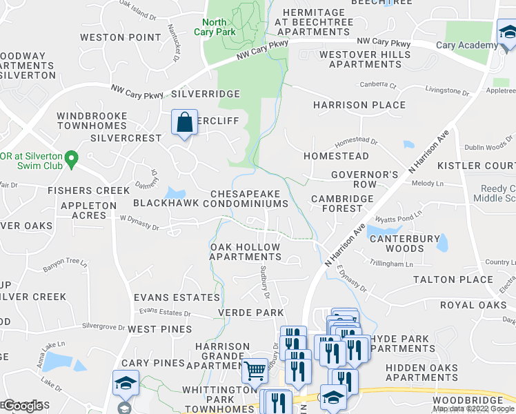 map of restaurants, bars, coffee shops, grocery stores, and more near 401 Gooseneck Drive in Cary