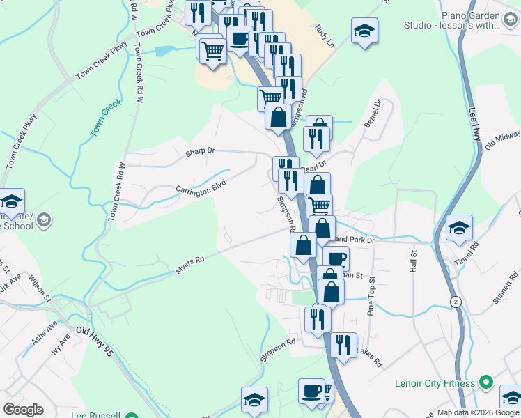 map of restaurants, bars, coffee shops, grocery stores, and more near 400 Pine Ridge Drive in Lenoir City