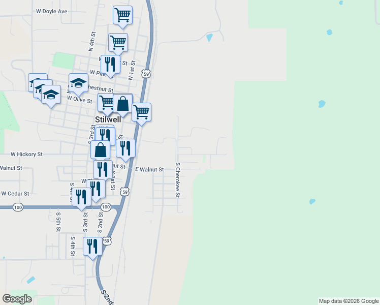 map of restaurants, bars, coffee shops, grocery stores, and more near 315 Hickory Street in Stilwell