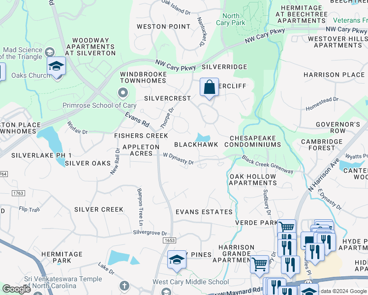 map of restaurants, bars, coffee shops, grocery stores, and more near 521 Glenolden Court in Cary