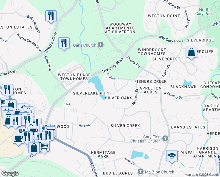 map of restaurants, bars, coffee shops, grocery stores, and more near 308 Rose Valley Woods Drive in Cary