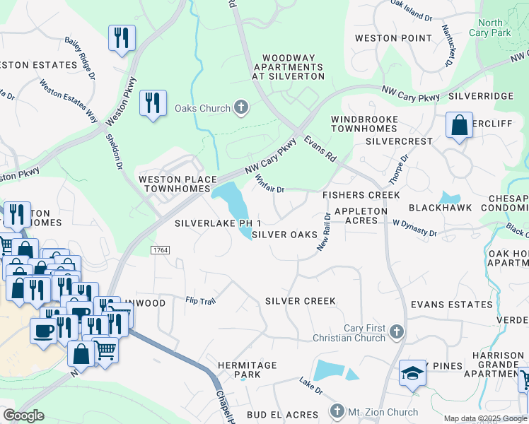 map of restaurants, bars, coffee shops, grocery stores, and more near 308 Rose Valley Woods Drive in Cary